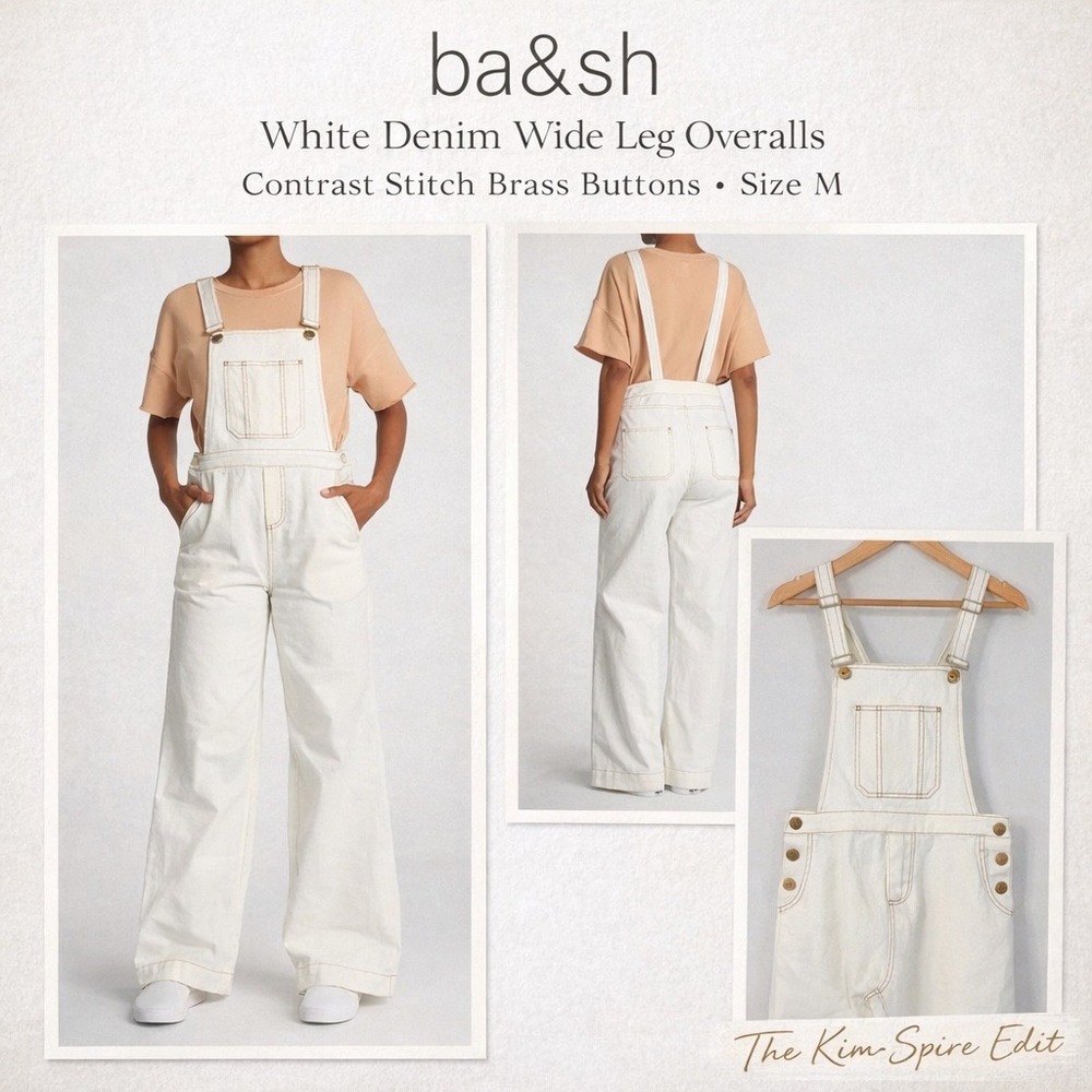 Ba&sh White Denim Wide Leg Overalls Contrast Stitch Brass Buttons Size M - Picture 1 of 11